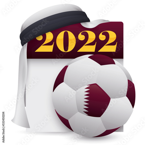 Calendar Commemorating Qatar Event in 2022 with Keffiyeh and Soccer Ball, Vector Illustration