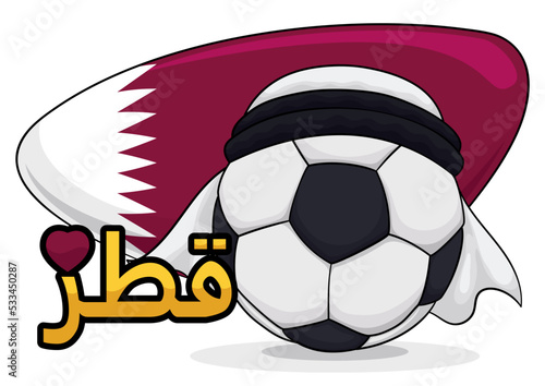 Sign with Heart and Soccer Ball Covered with Keffiyeh for Qatar Event, Vector Illustration
