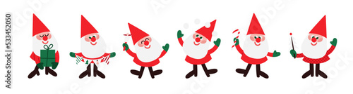 Set of vector Santas characters with bell, present box, Christmas tree, garland, snowballs and candy cane. Vector gnomes in red hats. New Year and Christmas characters isolated on white.