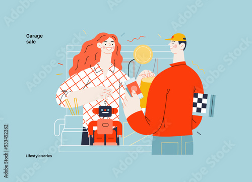 Lifestyle series -Garage sale -modern flat vector illustration of a woman selling house stuff at the table filled with house utilities and toys, and man buying a chess board. People activities concept