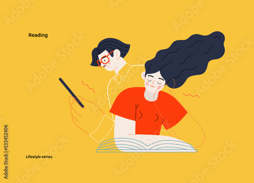 Lifestyle series - Reading - modern flat vector illustration of a man and a woman reading the books. People activities concept photo