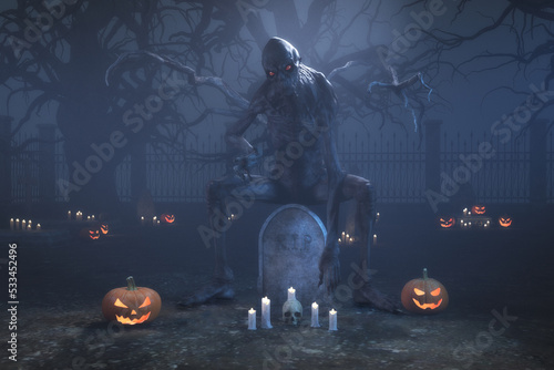 Artistic 3D illustration of a halloween scene