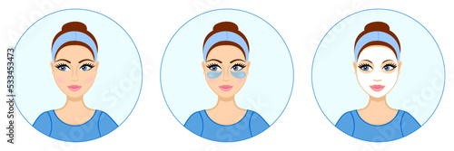 Young woman applying facial mask and gel patches. Girl taking care of her face. Lady wearing headband. Cosmetic procedure for skin. Moisturizing treatment. Anti-aging serum. Sheet mask. Cloth mask