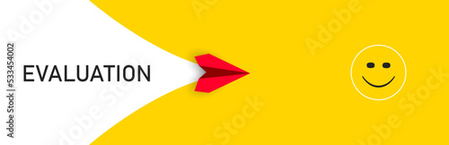 Red flying paper airplane with happy facial expression.Customer review satisfaction feedback survey idea concept.