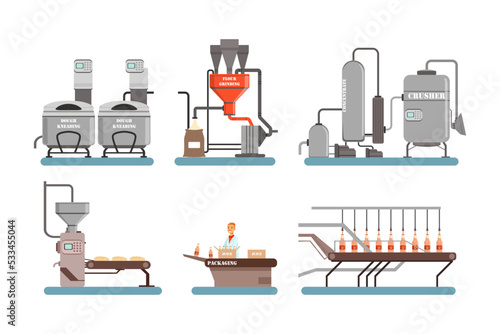 Juice production stainless industrial equipment set cartoon vector illustration