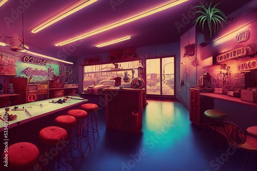 neon lit modern kitchen 3d illustration