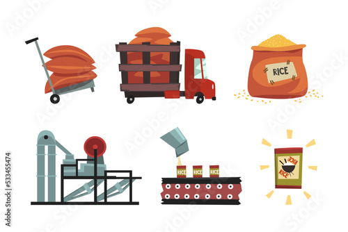 Rice production process set. Rice drying, packaging, transportation cartoon vector illustration