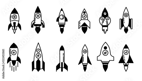 rocket icon set black and white illustration design