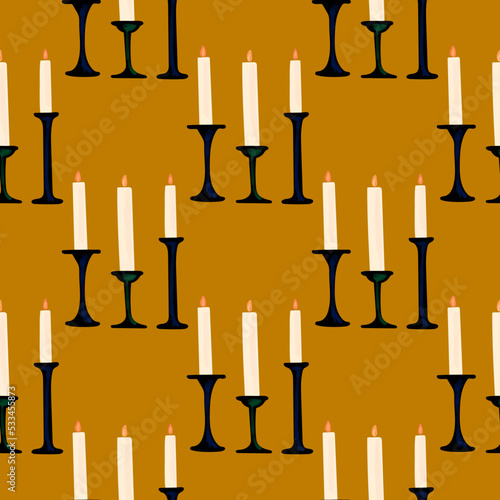 Seamless pattern with illustration a candles in a candlestick on a orange background