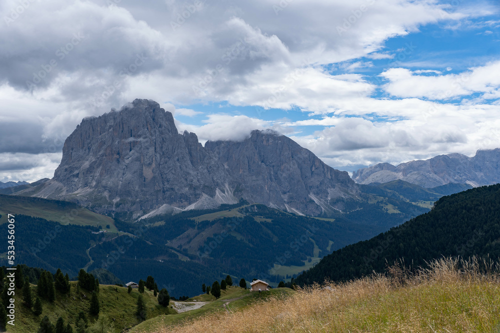 Naklejka premium Landscape of the dolomites in the surroundings of Seceda on a cloudy day