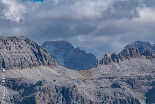 Landscape of the dolomites in the surroundings of Seceda on a cloudy day