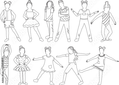 dancing children set sketch ,outline isolated vector