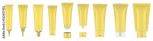 Set of yellow tubes and bottles. Roller ball tube. Open and closed blank tubes with screw cap. Realistic mockup. Long nozzle tube. Ointment or salve. Gel serum. Korean packaging