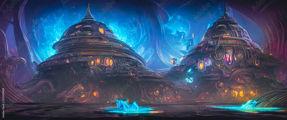 Artistic concept painting of a beautiful futuristic temple, background illustration. - obrazy, fototapety, plakaty 
