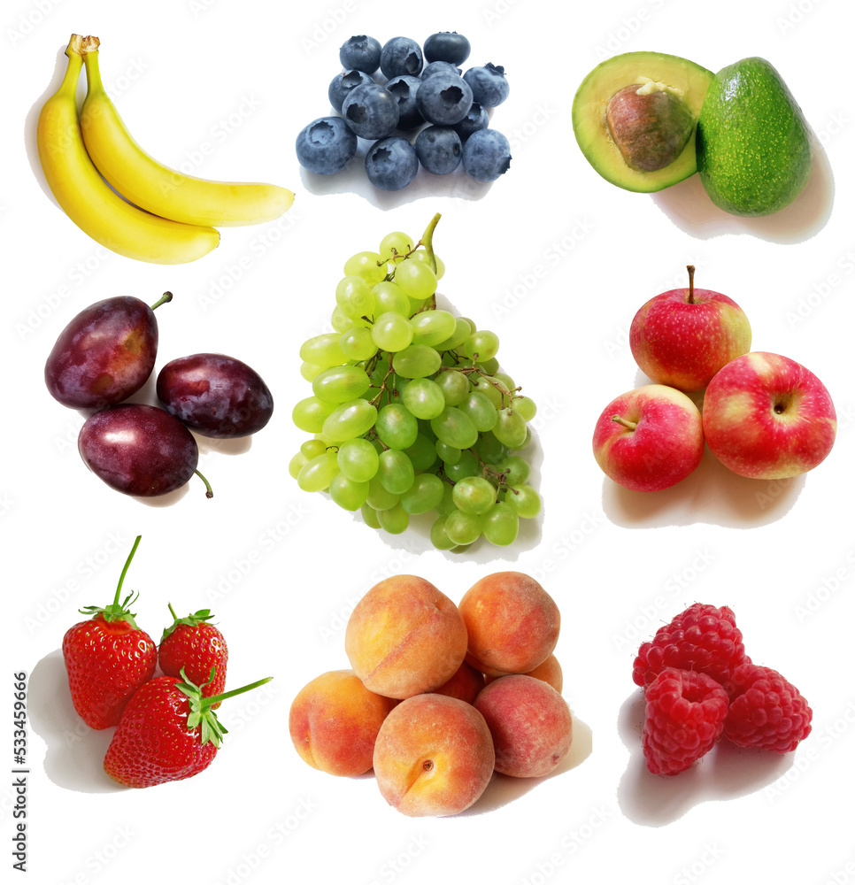 Set of various fruits and berries isolated on white background Set of various fruits and berries isolated on white background