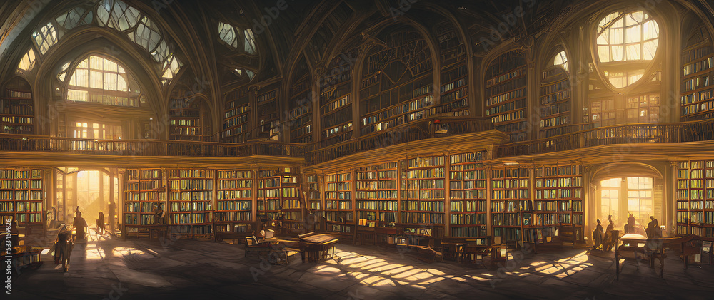 Artistic concept painting of a beautiful library interior, background illustration. - obrazy, fototapety, plakaty 