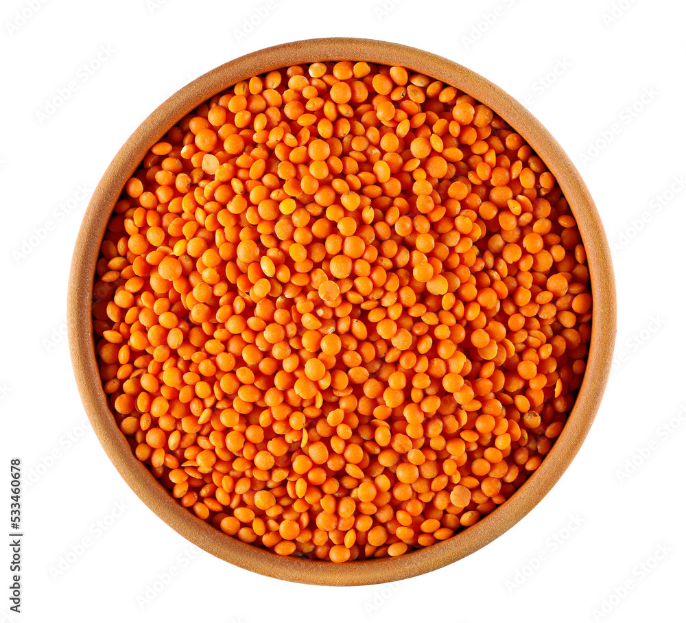 Red lentils uncooked pile in clay pot, top view Red lentils uncooked pile in clay pot, top view