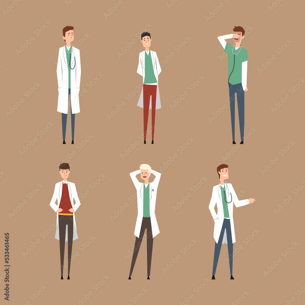 Set of male doctors or practicing interns. Medical staff vector illustration Set of male doctors or practicing interns. Medical staff vector illustration