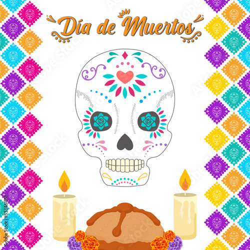 Banner día de muertos con trama en los márgenes con una calaverita y pan de muerto
