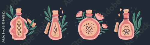 Set of hand drawn Bottles with Magic Potions. Vector cute Halloween elements 