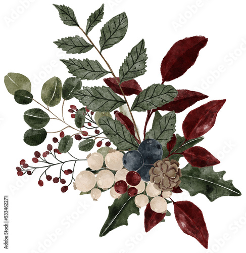 Watercolor winter floral bouquet illustration. Christmas greenery floral arrangement, delicate botanical soft wildflowers