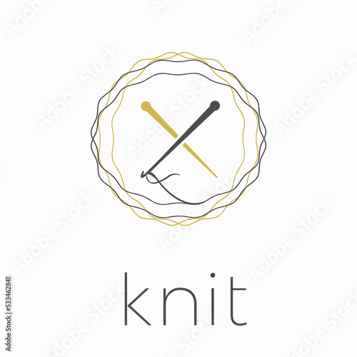 Needle and thread logo. Lacer icon for knitting business. Decorative style illustration graphic. Ornamental fabric boutique sign isolated on light background.
