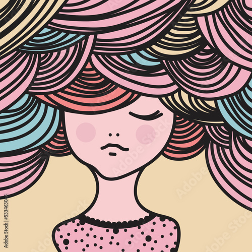Cute little girl with head in the colored clouds. Vector Illustration. Decorative, postcard style.