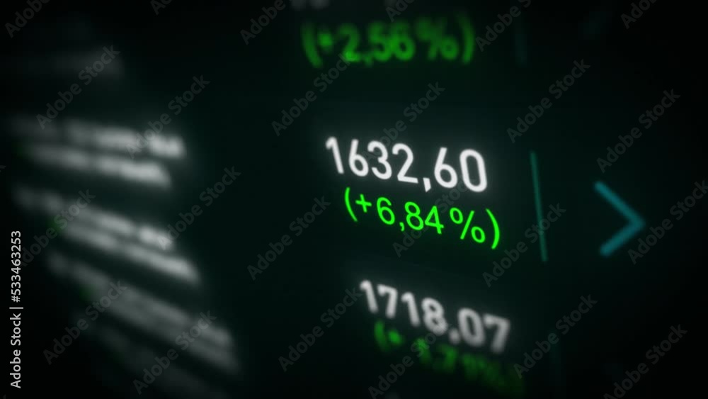Stock Market And Exchange Board Background/
4k animation of a business stock exchange market background with bitcoins currencies data and numbers and close-up of software screen with depth of field
