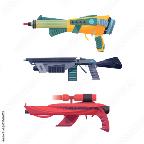 Gaming futuristic weapon set vector flat illustration. Game blasters space aliens laser guns and rifles children playing isolated. Toy pistols handgun for game entertainment automatic combat device