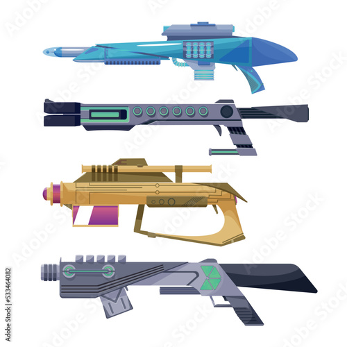Vector blaster, set game blasters space aliens laser guns and rifles children playing isolated, Laser handgun, Futuristic space game design weapon,Cosmic army raygun equipment