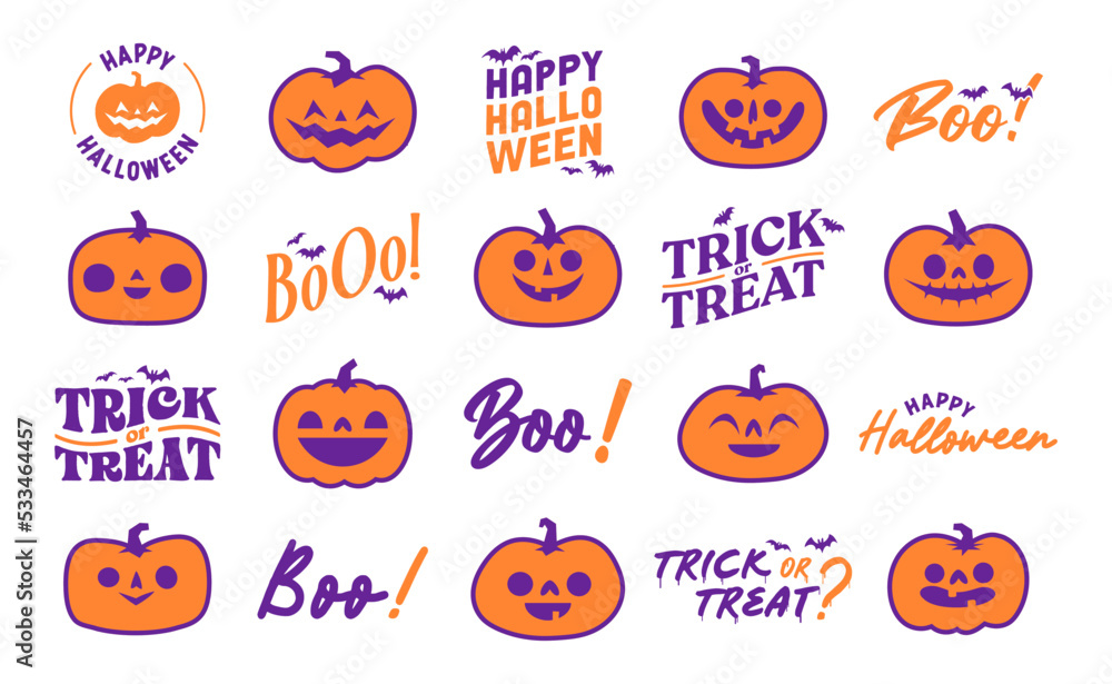 Halloween graphic elements with carved pumpkins and bats. Trick or treat, Boo and spooky designs. Halloween decoration. Halloween graphic elements with carved pumpkins and bats. Trick or treat, Boo and spooky designs. Halloween decoration.