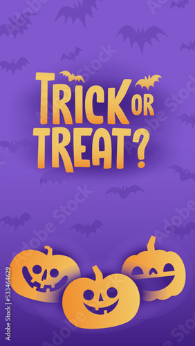 Halloween banner with copy space. Trick or treat lettering sign with bats and carved pumpkins. Cute and funny spooky style.