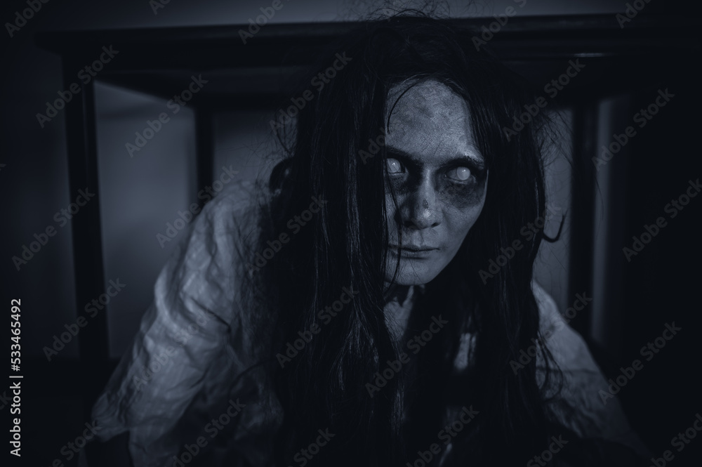 Portrait of asian woman make up ghost,Scary horror scene for background,Halloween festival concept,Ghost movies poster,angry spirit in the apartment Portrait of asian woman make up ghost,Scary horror scene for background,Halloween festival concept,Ghost movies poster,angry spirit in the apartment