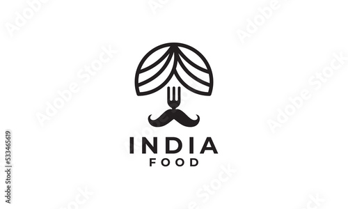 turban fork mustache indian food icon design logo