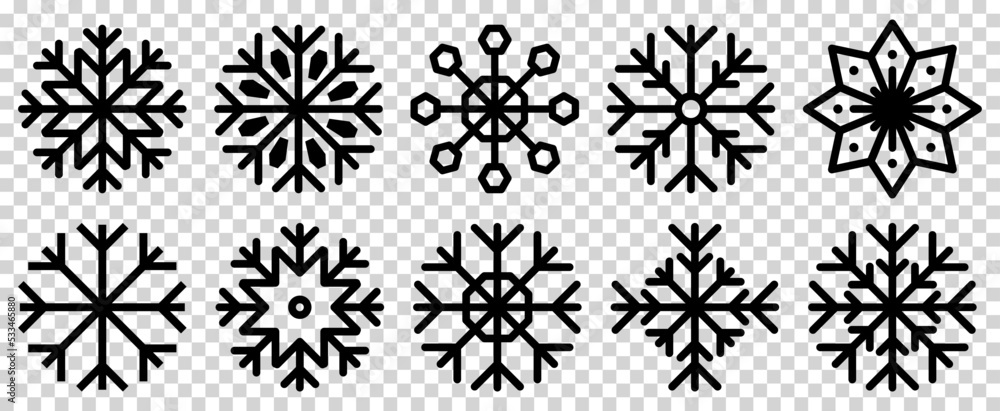 Icon set of snowflakes. Outline symbols for mobile apps and website design.Vector illustration isolated on transparent background