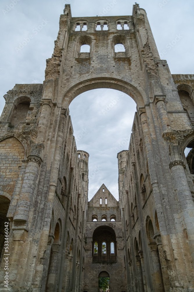 Ruins of an old Benedictine monastery and abbey in Jumieges in Normandy