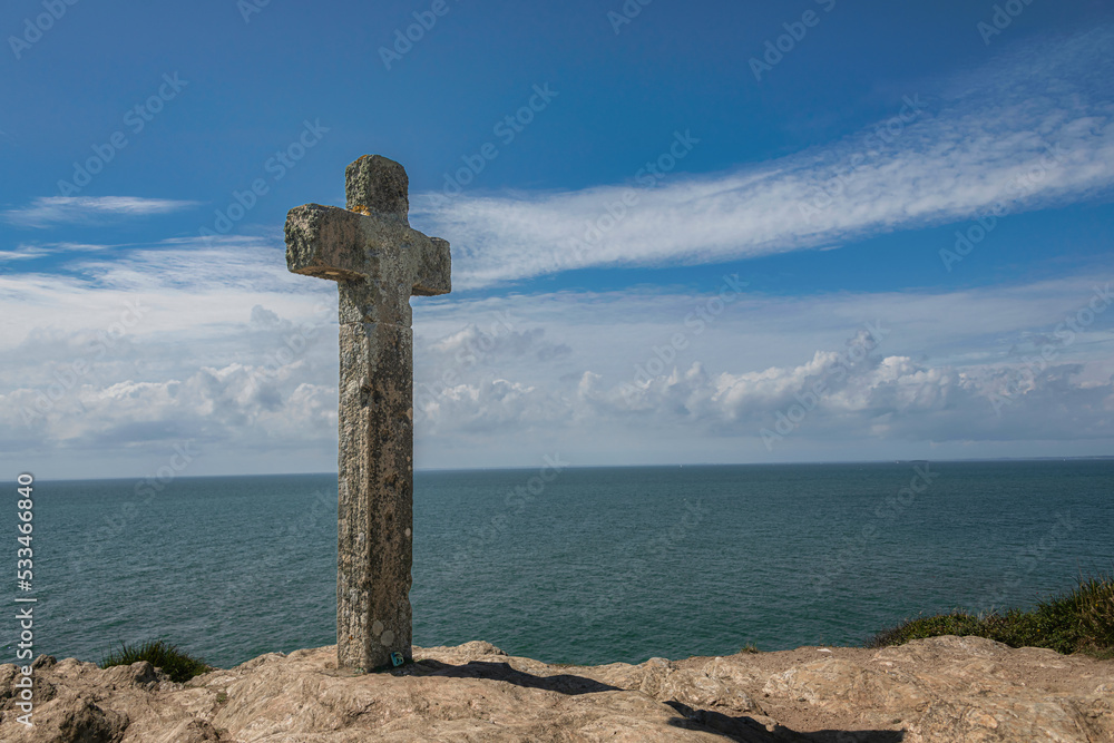 Weathered Stone Cross at Pointe Saint-Gildas - Pointe Du Grand Mont, Bittany, France Weathered Stone Cross at Pointe Saint-Gildas - Pointe Du Grand Mont, Bittany, France