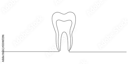 One continuous line drawing of human tooth. Oral hygiene and health concept for stomatology care and dental clinic logo in simple linear style. Outline Editable stroke. Doodle vector illustration