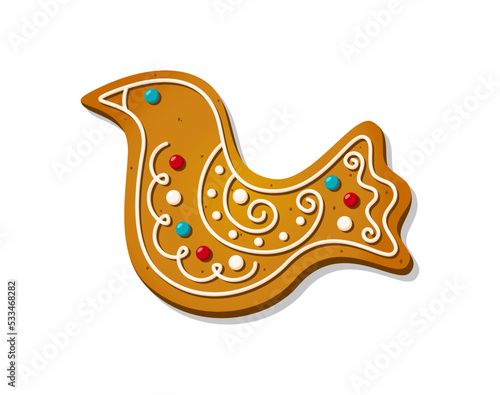 Christmas gingerbread cookies in shape of white bird dove. Winter homemade xmas sweet biscuit with icing decoration. Cute cartoon Vector illustration