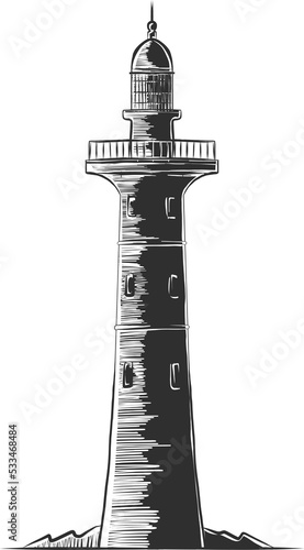 PNG engraved style illustration for posters, decoration and print. Hand drawn etching sketch of lighthouse in monochrome isolated on white background. Detailed vintage woodcut style drawing. 