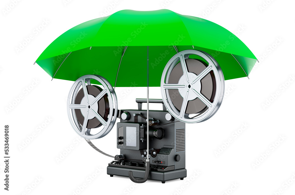 Naklejka premium Film projector under umbrella, 3D rendering