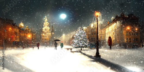  winter snowy evening town , street in city Christmas tree illumination snowy evening blurred light people walk and buildings windows lightsnow fall moon on night sky , cold weather urban life