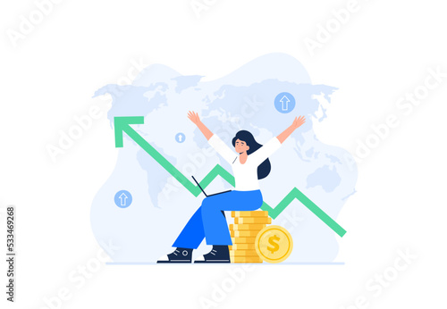 Financial concept. Personal budget, relationship with money, financial growth. A young woman earns money due to global economic growth. Vector flat illustrations isolated on the white background.