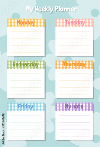 Cute paper notes. Stationary set. Scrapbook notes and weekly plan.Printable planner stickers. To Do List note. Template for your message. Decorative planning element. Vector illustration.