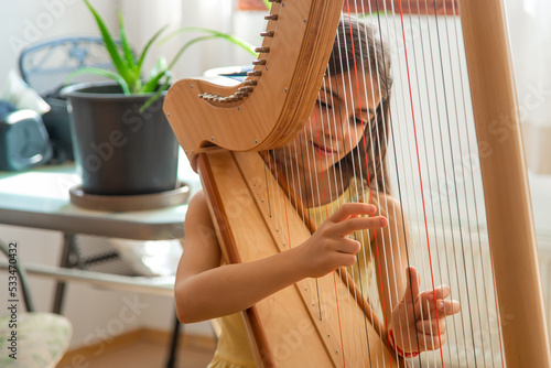 The child plays the harp. Selective focus. Fototapet