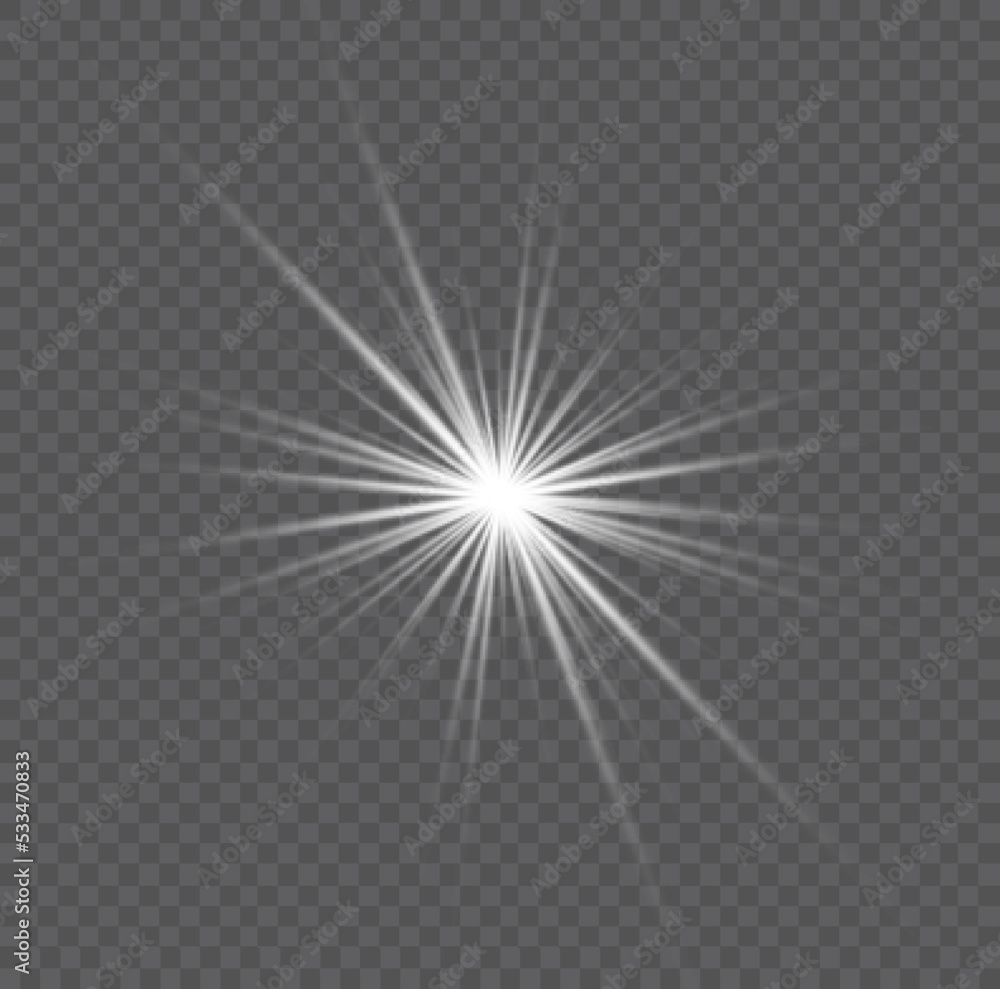 Set of glowing white stars bursts with sparkles. Sunlight special lens flare light effect. Shine, sparks, flash on transparent background. Glowing lights, star sparkl. Transparent shining sun. Vector.