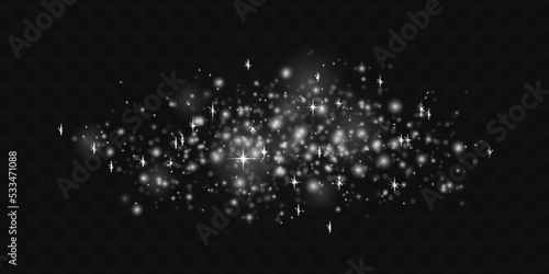 Blur white sparks and glitter special light effect. Fine, shiny bokeh dust particles fall off slightly. Defocused silver sparkle, stars and blurry spots. Magical effect of flickering lights. Vector.