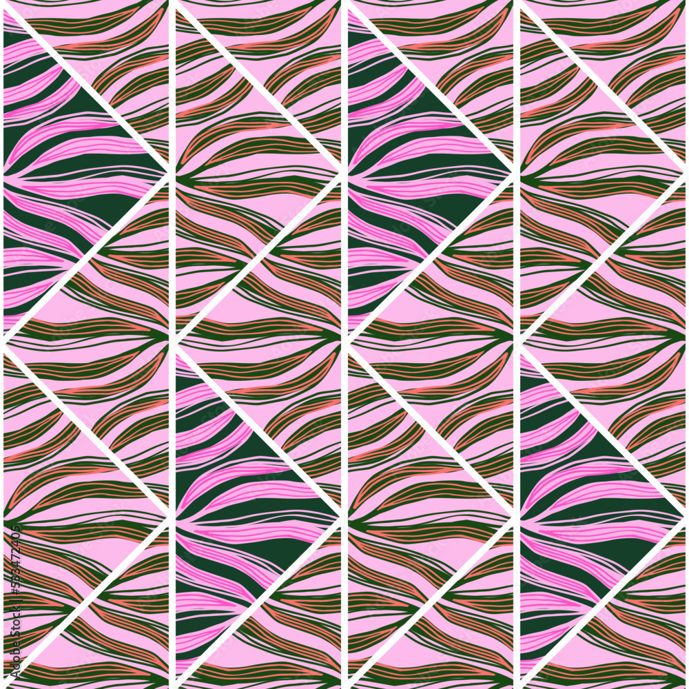 Contoured foliage mosaic seamless pattern. Abstract palm leaves tile.