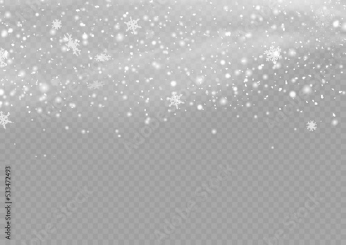 Many white cold flake elements. Magic Christmas eve snowfall. Xmas snowflakes in different shapes and forms. Falling Christmas shining transparent beautiful snow with snowdrifts. Vector illustration