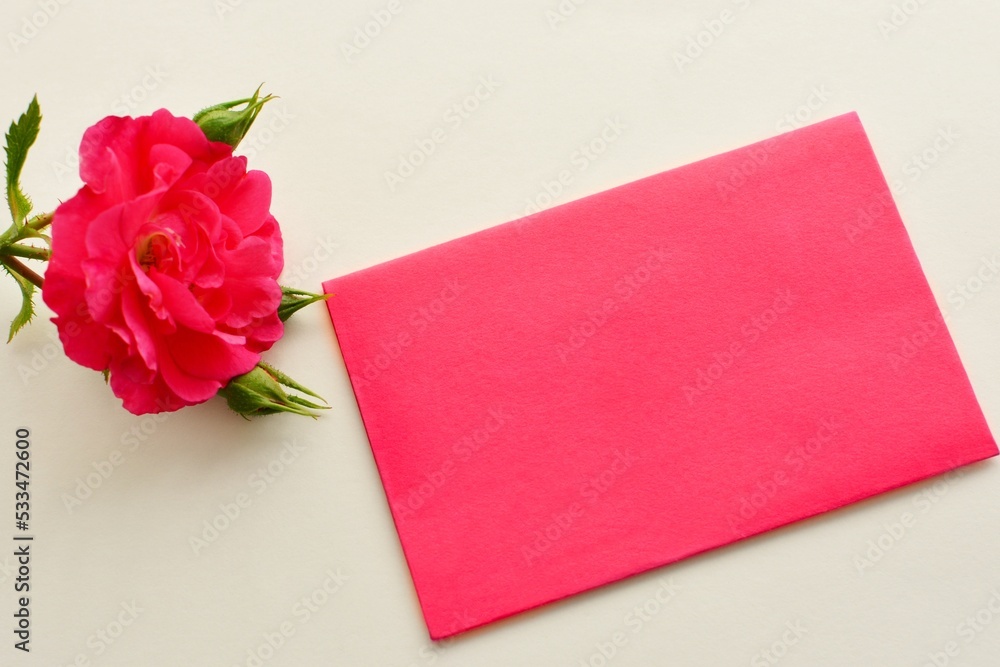 Mockup of pink paper card and pink rose on white background closeup. Valentine's Day, wedding, Mother's Day greeting card Mockup of pink paper card and pink rose on white background closeup. Valentine's Day, wedding, Mother's Day greeting card